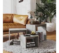 Runheo Tables gigognes 3 pièces en aggloméré Gris béton, Ensemble de Tables d’appoint gigogne avec Plateau, Rangement Polyvalent pour Salon, Chambre, Bureau, Meuble Console Moderne et