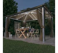 Runheo Tonnelle en Aluminium Taupe avec Rideaux et lumières LED solaires 4x3 m pour Jardin terrasse extérieur abri ombrage résistante aux intempéries