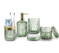 RUNQIN Lot de 5 Accessoires de Salle de Bain en Verre Transparent (Distributeur de Savon, Porte-Savon, Porte-Brosse à Dents, gobelet, Pot à Cotons-tiges), Décoration Moderne Contemporaine en Cristal