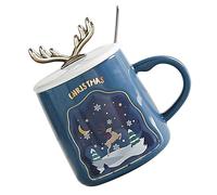 RUNROTOO Mug en Céramique de Noël à Motif Bois de Cerf, Tasse à Café Cartoon Couvercle et Cuillère, Capacité Suffisante, Facile à Nettoyer, pour Bureau et Restaurant