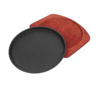 RUNROTOO Poêle à Fajitas en Fonte Noire avec Revêtement Antiadhésif, Plaque de Cuisson Ronde Épaisse, Plateau en Bois pour Steak, Usage Maison et Restaurant