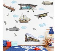 Runtoo Grands autocollants muraux vintage en forme d'avion pour chambre de garçon, train, véhicules de transport, décoration murale pour chambre d'enfant