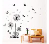 Runtoo Sticker Muraux Pissenlit Papillon Autocollant Mural Fleurs Noir Amovible Deco Stickers Chambre Enfant Bébé Salon Decoration