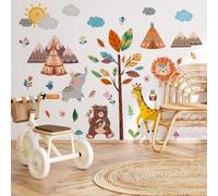 Runtoo Stickers Muraux Animaux Jungle Autocollant Mural Forêt Éléphant Girafe Lion Arbre Deco Stickers Chambre Enfants Bébé Décoration