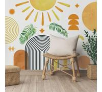 Runtoo Stickers Muraux Arche Beige Autocollant Mural Soleil Plantes Deco Stickers Salle de Bain Salon Chambre Enfants Bébé Décoration