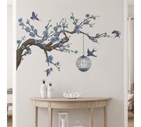 Runtoo Stickers Muraux Branche Arbre Autocollant Mural Fleurs de Cerisier Bleu Oiseaux Deco Stickers Salon Salle de Bain Chambre Décoration