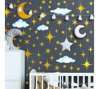Runtoo Stickers muraux étoiles pour chambre d'enfant - Lune dorée scintillante - Nuage - Étoiles - Décollez et collez