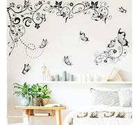 Runtoo Stickers Muraux Fleurs Noir Autocollant Mural Papillon Floral Vrilles Vignes Deco Stickers Salle de Bain Salon Chambre Enfants Bébé Décoration