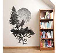 Runtoo Stickers Muraux Loup Autocollant Mural Lune Arbres Noir Amovible Deco Stickers Chambre Enfant Bébé Salon Decoration