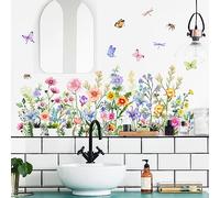 Runtoo Stickers Muraux Papillon et Fleurs Autocollant Mural Plantes Florales Marguerite Deco Stickers Salle de Bain Chambre Enfants Bébé Décoration
