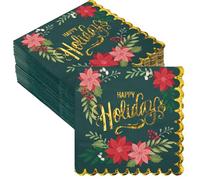 RUSPEPA 50 Pièces Serviettes de Noël Fleur - Serviette de Cocktail Jetable en Papier 3 Épais, Poinsettia avec Joyeux Noël - 12,7x12,7 cm/25x25 cm (déplié)