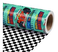 RUSPEPA Papier cadeau d’anniversaire réversible voiture de course | 43,2cm x 3m, papier cadeau double-face voitures de course colorées et damier pour enfants, garçons