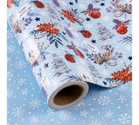 RUSPEPA Papier Cadeau De Noël Réversible - Mini Rouleau - 43,2 Cm X 10 M - Papier Cadeau Rouge Et Bleu À Motifs De Boules À Neige, Poinsettias Et Flocons De Neige Pour Les Fêtes De Noël Et Les Fêtes
