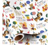 RUSPEPA Rouleau De Papier Cadeau D'Anniversaire Chien Pour Garçons Et Filles, Adorable Chiot, Ballon Et Boîte Cadeau Avec Inscription « Joyeux Anniversaire », Chien Amoureux Des Animaux, 43,2 Cm X 5 M