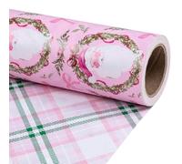 RUSPEPA Rouleau De Papier Cadeau De Noël Réversible Pour Filles, Mini Rouleau, Père Noël Rose, Couronne De Fleurs, Nœud, Papier Cadeau À Carreaux Verts Et Roses, Idéal Pour Les Fêtes, 43,2 Cm X 10 M
