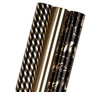 RUSPEPA Rouleau De Papier D'Emballage - Ensemble De Mini-Rouleaux - 43,2 cm X 3,05 m Par Rouleau - 3 Motifs Différents De Rayures En Marbre Noir Or (42,5 pieds carrés)