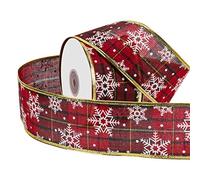 RUSPEPA Ruban De Vacances De Noël Câblé - Ruban En Toile De Jute Écossais Rouge Et Vert Avec Motif En Flocon De Neige Blanc - 63 mm X 22 m - Rouleau Doré