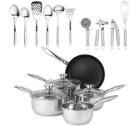 Russell Hobbs COMBO-8643 15-teiliges Kochgeschirr-Set - Klassisch Set, 24 cm Bratpfanne, 3 Kochtopf, Topfdeckel aus Glas,10-teiligem Edelstahl Küchenhelfer-Set/Kochutensilien, alle Arten Kochfeldern