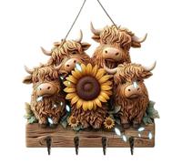 Rustic Highland Cow Key Holder for Wall - 2D Wooden Decorative Wall Mount O | Charming 25x23x0.5cm wooden farmhouse key rack featuring a playful Highland cow design, lightweight 125g profile, and 4