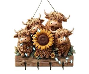 Rustic Highland Cow Key Holder for Wall - 2D Wooden Decorative Wall Mount O | Charming 25x23x0.5cm wooden farmhouse key rack featuring a playful Highland cow design, lightweight 125g profile, and 4