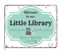 Rustic Vintage Tin Plaque Little Library Welcome Metal Sign Wall-Art for Book Lover Porch 8 X 12 in