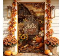 Rustique Hello Fall Farmhouse Sign Pumpkins Autumn Door Covers 91,4 x 182,9 | Bouquet de tournesol, toile de fond de porte d'entrée, planche en bois vieilli, blé de récolte, toile de fond de grange