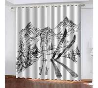 Rvvaceo® Rideau Occultant Montagne De Ski Dessinée À La Main en Noir Et Blanc Fibre De Polyester Utilise La Technologie du Triple Tissage Rideaux De Fenêtre D'Effet 3D Isolant Thermique Insonorisatio