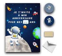 RXLITE Kit créatif premium de 10 Cartes d'invitation anniversaire à gratter thème astronaute en français: 10 Cartons, 10 enveloppes blanches, 10 stickers et 10 autocollants dorés à gratter