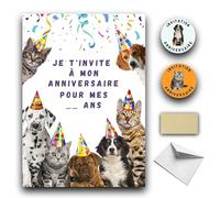 RXLITE Kit créatif premium de 10 Cartes d'invitation anniversaire à gratter thème Chiens et Chats pour enfants : 10 Cartons, 10 enveloppes blanches, 10 stickers et 10 autocollants dorés