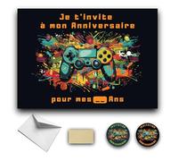 RXLITE Kit créatif premium de 10 Cartes d'invitation anniversaire à gratter thème Jeux Vidéo en français: 10 cartons, 10 enveloppes blanches, 10 stickers et 10 autocollants dorés magiques