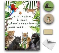RXLITE Kit créatif premium de 10 Cartes d'invitation anniversaire à gratter thème Jungle pour enfants : 10 Cartons, 10 enveloppes blanches, 10 stickers et 10 autocollants dorés magiques