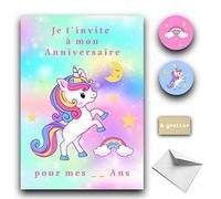 RXLITE Kit créatif prémium de 10 Cartes d'invitation anniversaire à gratter thème licorne arc en ciel en français: 10 cartons, 10 enveloppes blanches, 10 stickers et 10 autocollants dorés