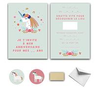 RXLITE Kit créatif premium de 10 Cartes d'invitation anniversaire à gratter thème Licorne en français: 10 cartons, 10 enveloppes blanches, 10 stickers et 10 autocollants dorés à gratter