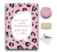 RXLITE Kit créatif premium de 10 Cartes d'invitation anniversaire à gratter thème panthère en français: 10 Cartons, 10 enveloppes blanches, 10 stickers et 10 autocollants dorés magique