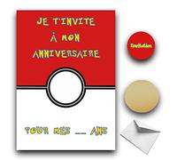 RXLITE Kit créatif premium de 10 Cartes d'invitation anniversaire à gratter thème Pokemon en français: 10 cartons, 10 enveloppes blanches, 10 stickers et 10 autocollants dorés à gratter