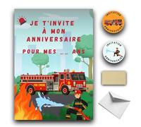 RXLITE Kit créatif premium de 10 Cartes d'invitation anniversaire à gratter thème Pompiers pour enfants : 10 Cartons, 10 enveloppes blanches, 10 stickers et 10 autocollants dorés magiques
