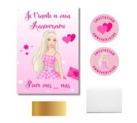 RXLITE Kit créatif premium de 10 Cartes d'invitation anniversaire à gratter thème Poupée pour enfants : 10 Cartons, 10 enveloppes blanches, 10 stickers et 10 autocollants dorés