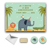 RXLITE Kit créatif premium de 10 Cartes d'invitation anniversaire à gratter thème Savane en français: 10 cartons, 10 enveloppes blanches, 10 stickers et 10 autocollants dorés à gratter