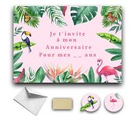 RXLITE Kit créatif premium de 10 Cartes d'invitation anniversaire à gratter thème Tropical en français: 10 cartons, 10 enveloppes blanches, 10 stickers et 10 autocollants dorés à gratter