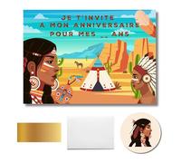 RXLITE Kit créatif premium de 10 Cartes ludiques d'invitation anniversaire à gratter thème Indien pour enfants : 10 Cartons, 10 enveloppes blanches, 10 stickers et 10 autocollants dorés magiques