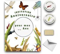 RXLITE Kit créatif premium ludique de 10 Cartes d'invitation anniversaire à gratter thème Insectes pour enfants : 10 Cartons, 10 enveloppes blanches, 10 stickers et 10 autocollants dorés
