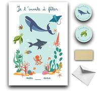 RXLITE kit créatif PREMIUM ludique Invitations Anniversaire Thème Fond Marin : Lot de 10 Cartes à Gratter avec Stickers, Enveloppes Blanches et Autocollants Dorés pour Filles et Garçons