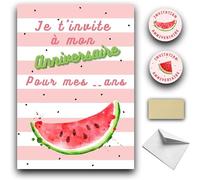 RXLITE Kit ideal créatif surprise premium de 10 Cartes d'invitation anniversaire à gratter thème pastèque tropical : 10 Cartons, 10 enveloppes blanches, 10 stickers et 10 autocollants dorés magiques