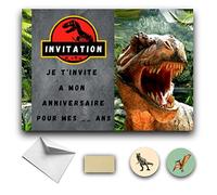 RXLITE Kit premium créatif de 10 Cartes d'invitation anniversaire à gratter thème Jurassic Park en français: 10 cartons, 10 enveloppes blanches, 10 stickers et 10 autocollants dorés