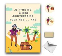 RXLITE Kit premium créatif et ludique de 10 pcs Cartes d'invitation anniversaire à gratter thème Pirate en français: 10 cartons, 10 enveloppes blanches, 10 stickers et 10 autocollants dorés