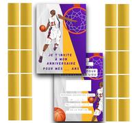 RXLITE NOUVEAUTE 2024 Kit créatif participatif premium de 20 Cartes d'invitation anniversaire à gratter thème basket en français et 20 autocollants dorés à gratter pour une fête inoubliable