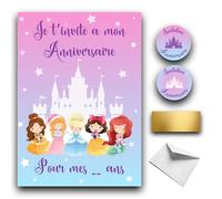 RXLITE Nouveauté 2024 Kit créatif premium de 10 Cartes d'invitation anniversaire à gratter thème princesses en français: 10 Cartons, 10 enveloppes blanches, 10 stickers et 10 autocollants dorés