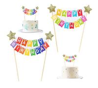 Ryaupy Ensemble de 2 Toppers pour Gâteau Happy Birthday avec Banderoles, Guirlandes et Fanions - Décoration de Gâteaux de Fête pour Filles et Garçons - Fournitures Incluses