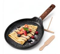 Rylae Poêle Crêpière Antiadhésive 24cm - Crêpière Induction & Gaz - Revêtement Pierre Sans PFOA - Spatule T & Racloir en Bois de Hêtre Inclus - Poêle à Crêpes Galettes Œufs Pancakes