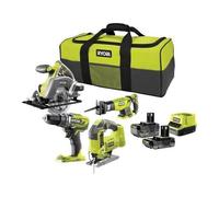 RYOBI 4 outils : 1 perceuse-visseuse + scies (sauteuse, circulaire & sabre) + 2 batteries 4 Ah & 2Ah + 1 chargeur & sac de transport